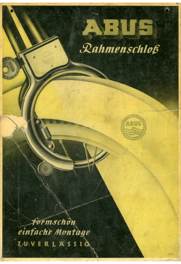 Manifesto rosso e nero raffigurante un lucchetto ad arco e un antifurto a cavo con chiavi, con la scritta "ABUS Fahrrad-Motorradschlösser" (Lucchetti per bici e moto ABUS) © ABUS