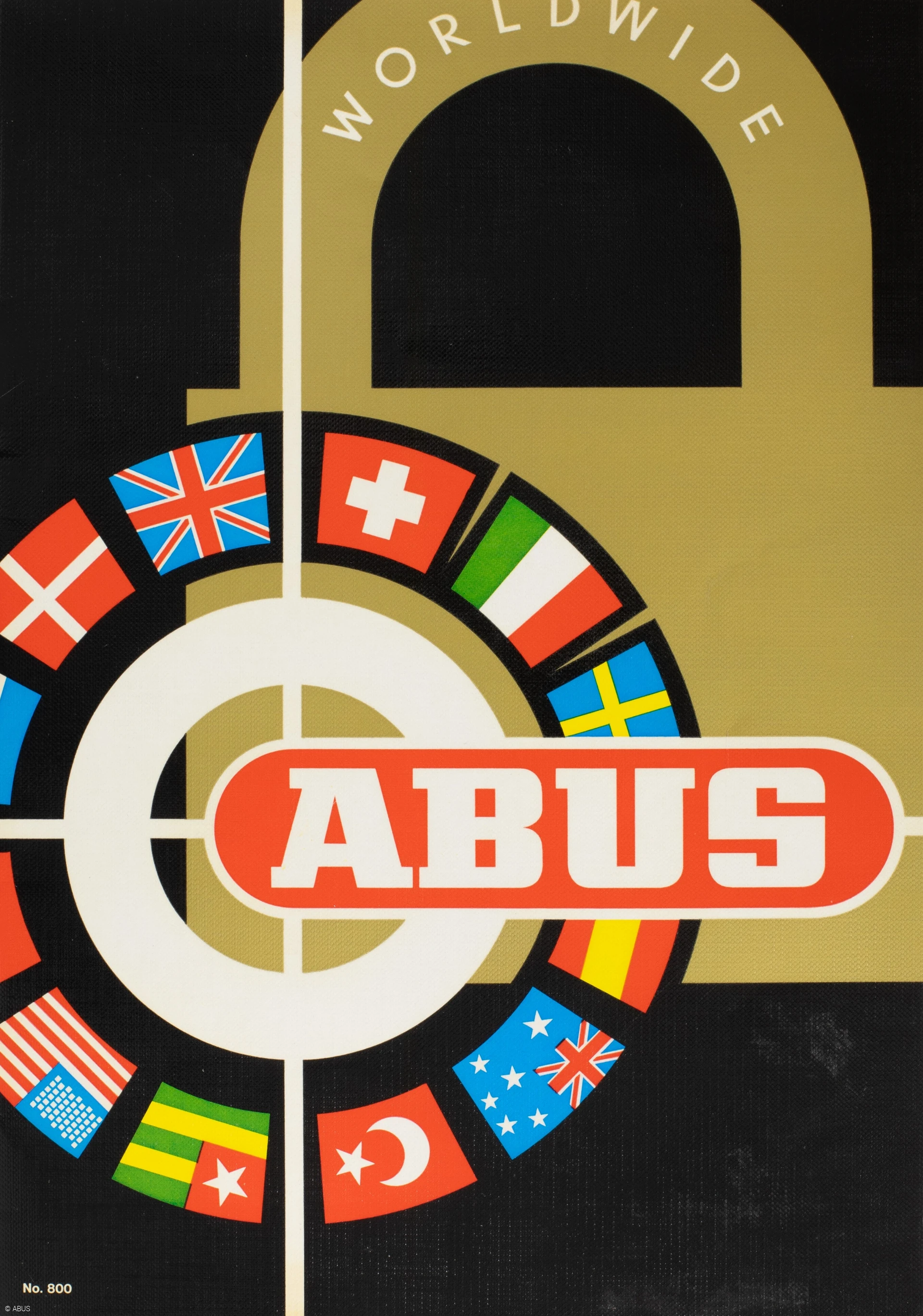Une affiche montrant le contour d'un cadenas et, dans un cercle à côté, de nombreux drapeaux de pays différents, avec l'inscription « ABUS Worldwide » © ABUS