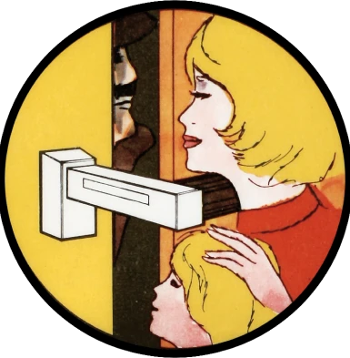 Illustrazione circolare di una donna e di un bambino che aprono una porta protetta da una serratura supplementare e di un uomo che guarda dentro attraverso la fessura aperta © ABUS