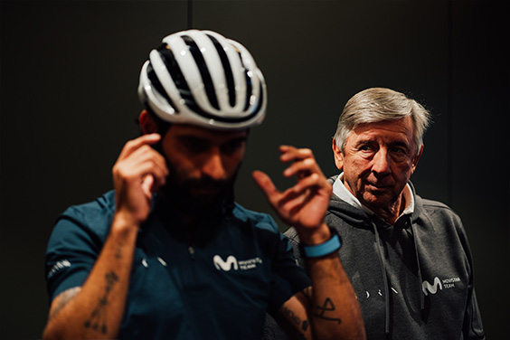 Professional racing cyclist from the Movistar team wears a black and white AirBreaker 2.0 &copy; ABUS