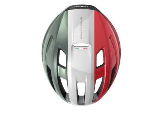 Een ABUS PowerDome-helm in vogelvlucht in de kleuren van de Italiaanse vlag © ABUS