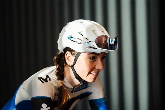 Professional cyclist Liane Lippert with a test model of the AirBreaker 2.0 racing bike helmet &copy; ABUS