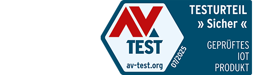 AV-Test Siegel: Testurteil "sicher" geprüftes IoT Produkt 07/2025 av-test.org