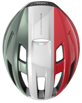 Een ABUS PowerDome-helm in vogelvlucht in de kleuren van de Italiaanse vlag © ABUS