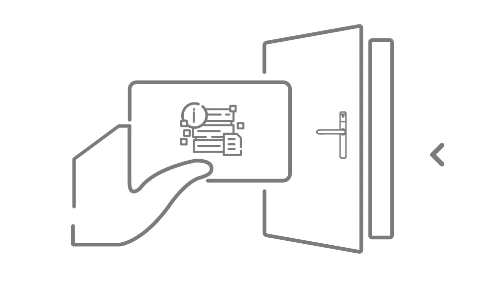 Zeichnung elektronische Kontrolle: eine Hand hält eine Karte für elektronisch verwalteten Zutritt. Rechts eine halbgeöffnete Tür mit elektronischem Türbeschlag.