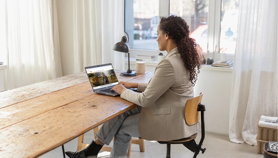An office where a woman is sitting at a desk with her laptop.