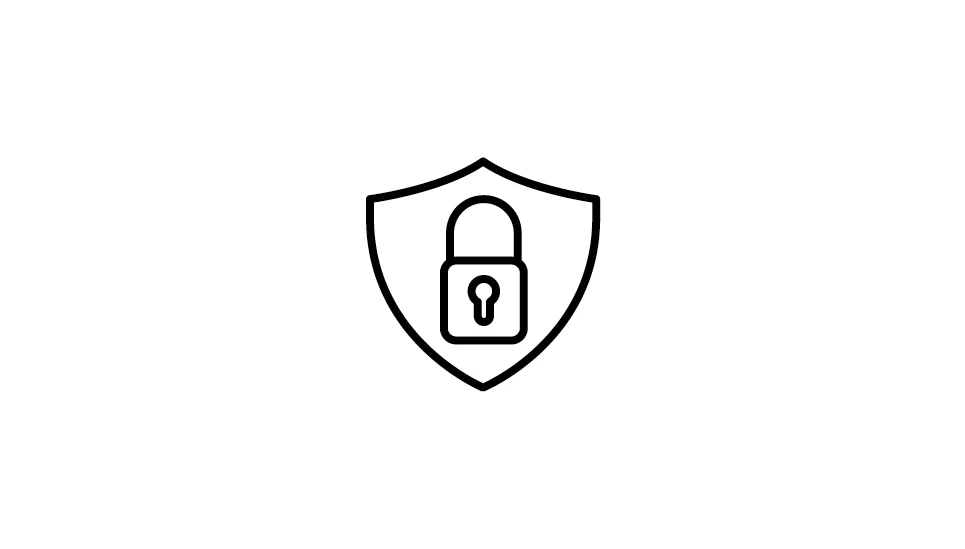 Icon Cybersecurity: Umrisszeichnung eines Schildes, mittig Symbol eines Vorhangschlosses. Linienfarbe schwarz