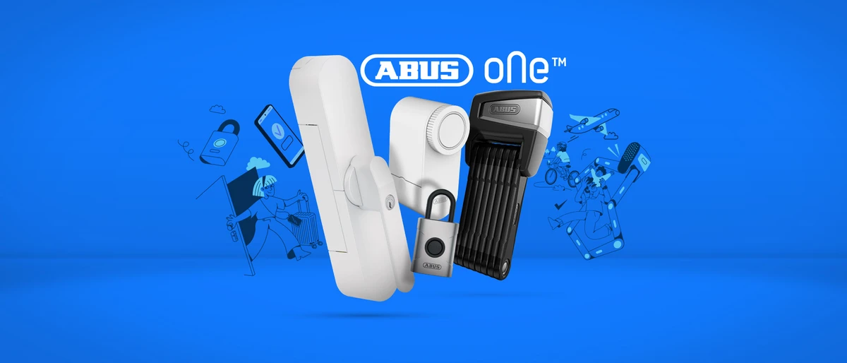 Illustrationen und Produkte (WINTECTO, LOXERIS, EVEROX, BORDO One) vor blauem Hintergrund © ABUS