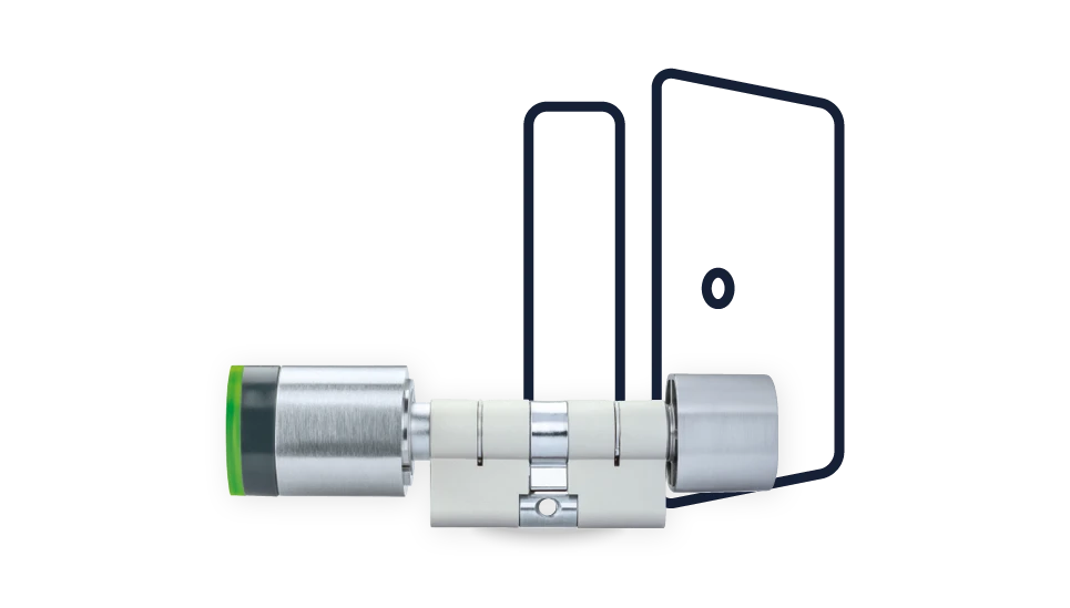 Product image of a cylinder in front of a drawing of a half-open door.