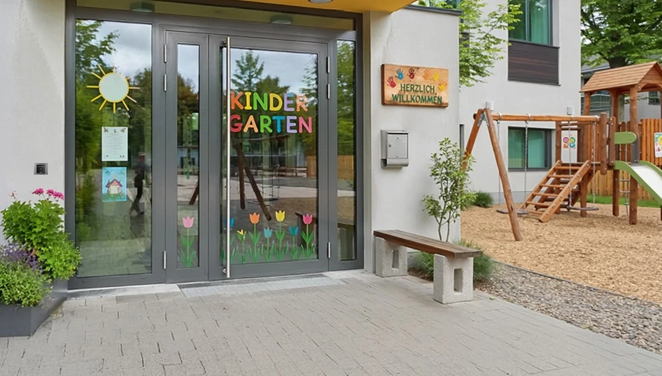 Blick auf die Eingangstüre eines Kindergartens, rechts davon ein Spielplatz mit Schaukel und Rutsche.