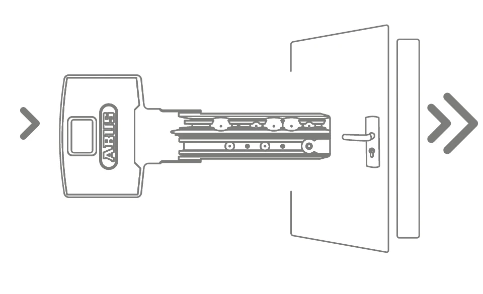 Zeichnung mechanische Schließanlagen: herkömmlicher Schlüssel in größerer Darstellung, rechts daneben kleiner die Zeichnung einer Tür.