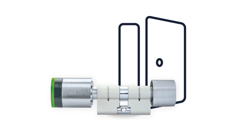 wAppLoxx-Zylinder vor Zeichnung einer geöffneten Türe