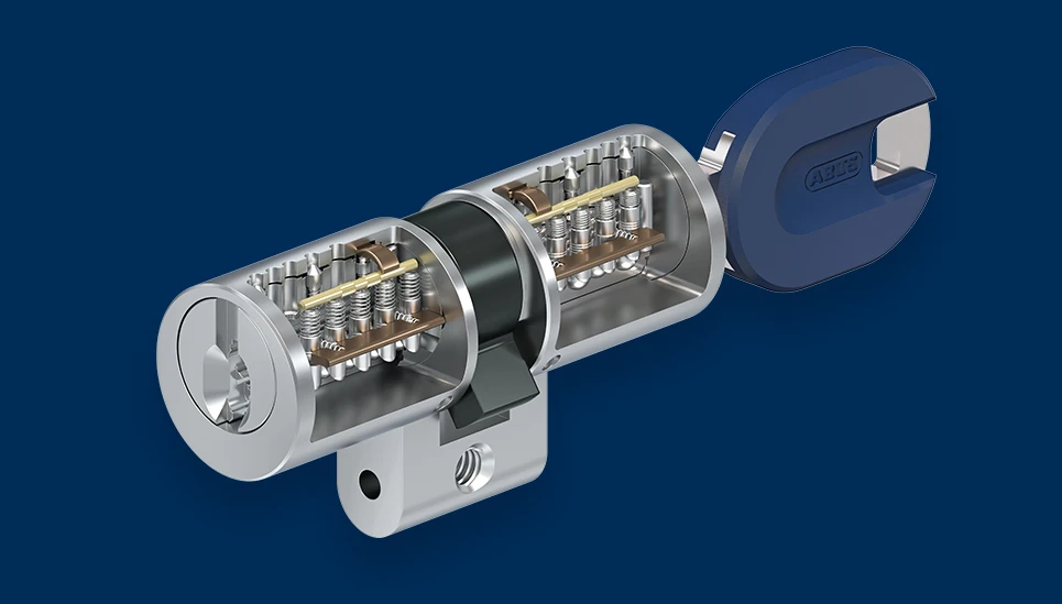 Integral Pro Rundzylinder mit steckendem Schlüssel und Innenansicht © ABUS