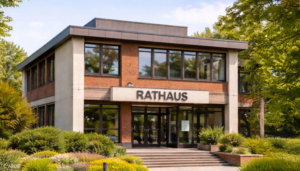 Frontalansicht eines Rathauses inmitten einer Grünanlage. © ABUS
