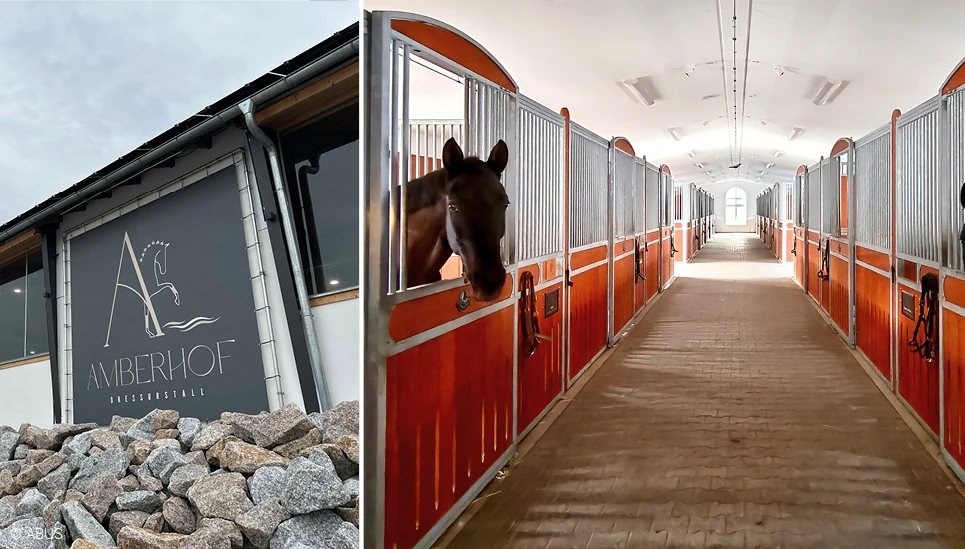 Bildcollage: Links das Logo des Dressurstalls Amberhof an der Stallwand, rechts ein Blick in die Stallgasse. © ABUS