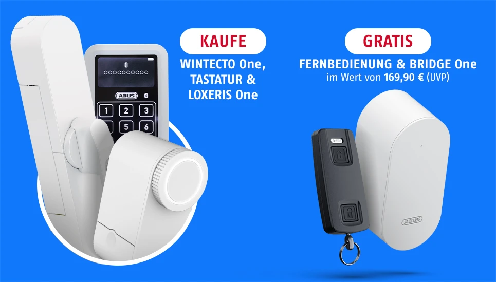 Kaufe WINTECTO One, LOXERIS One und die Tastatur, um eine BRIDGE One und eine Fernbedienung gratis zu erhalten © ABUS