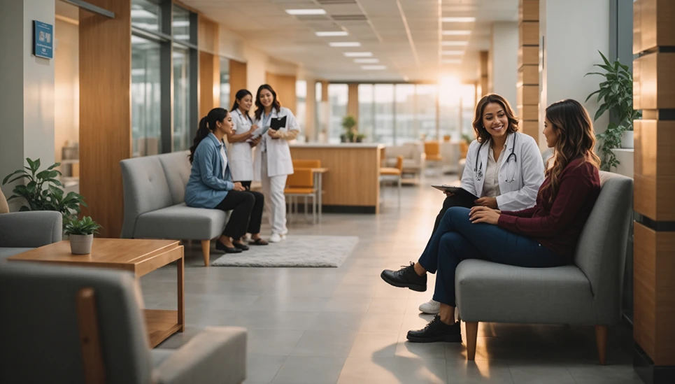 Blick in den Wartebereich einer hellen, modernen Arztpraxis mit Patienten und Menschen.