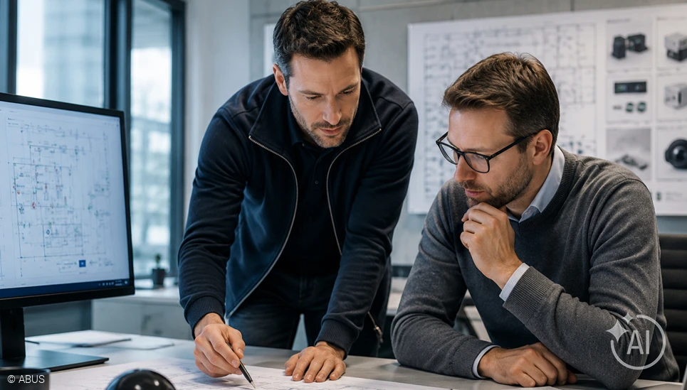 Zwei Männer diskutieren über einen Bauplan. © ABUS