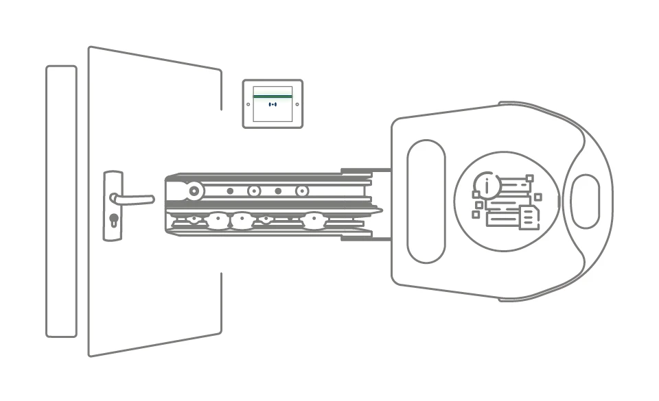 Zeichnung kombinierte Anlagen: Ein Schlüssel mit integrierter Elektronik rechts vor einer halb geöffneten Tür.
