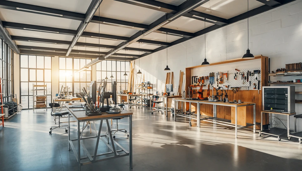 A view inside a workshop with workbenches and workstations