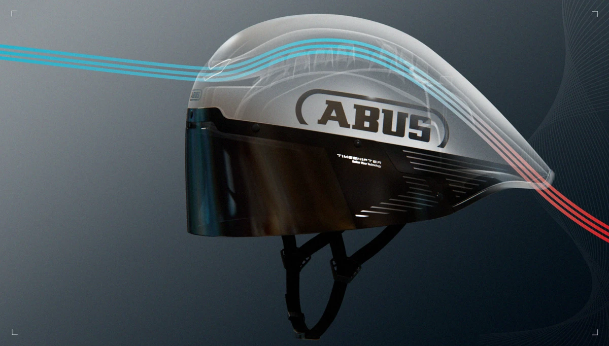 Sidovy av ABUS TimeShifter TT-hjälmen med visualiserat luftflöde som illustrerar hjälmens aerodynamiska design © ABUS
