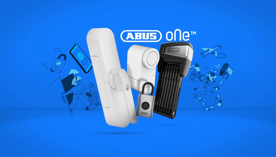 Illustrations and products (WINTECTO, LOXERIS, EVEROX, BORDO One) against a blue background © ABUS