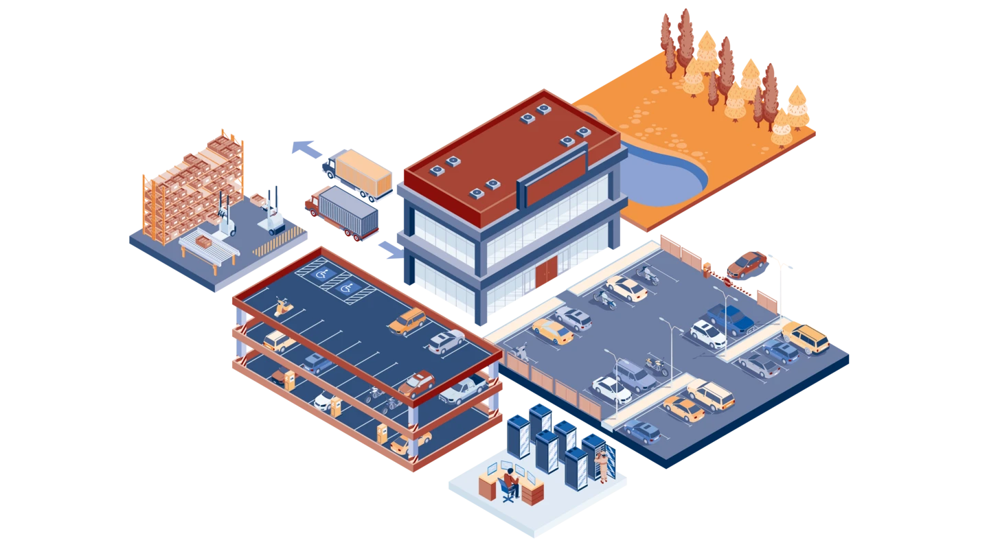 Zeichnung des Grundrisses eines Firmengeländes mit den unterschiedlichen über Netzwerktechnik verbundenen Gebäudeteilen und Abteilungen.