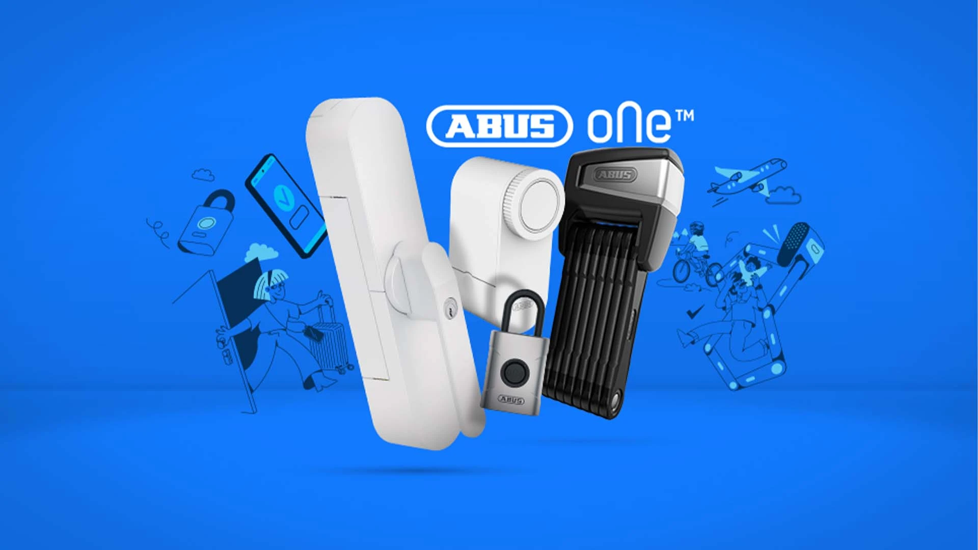 Illustrationer och produkter (WINTECTO, LOXERIS, EVEROX, BORDO One) mot en blå bakgrund © ABUS