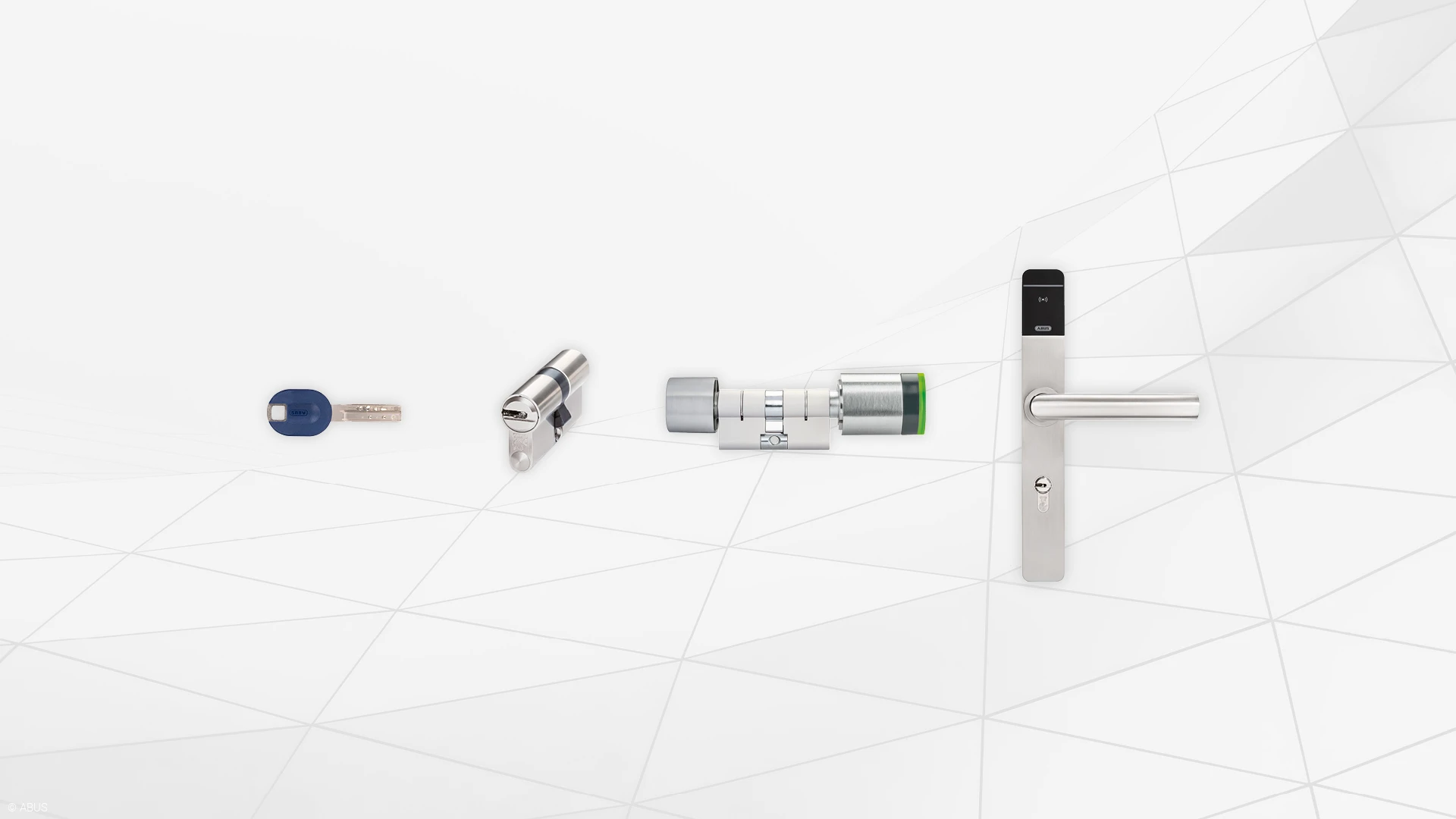 TECTIQ-Produkte von links nach rechts: Schlüssel, Zylinder und Türbeschlag