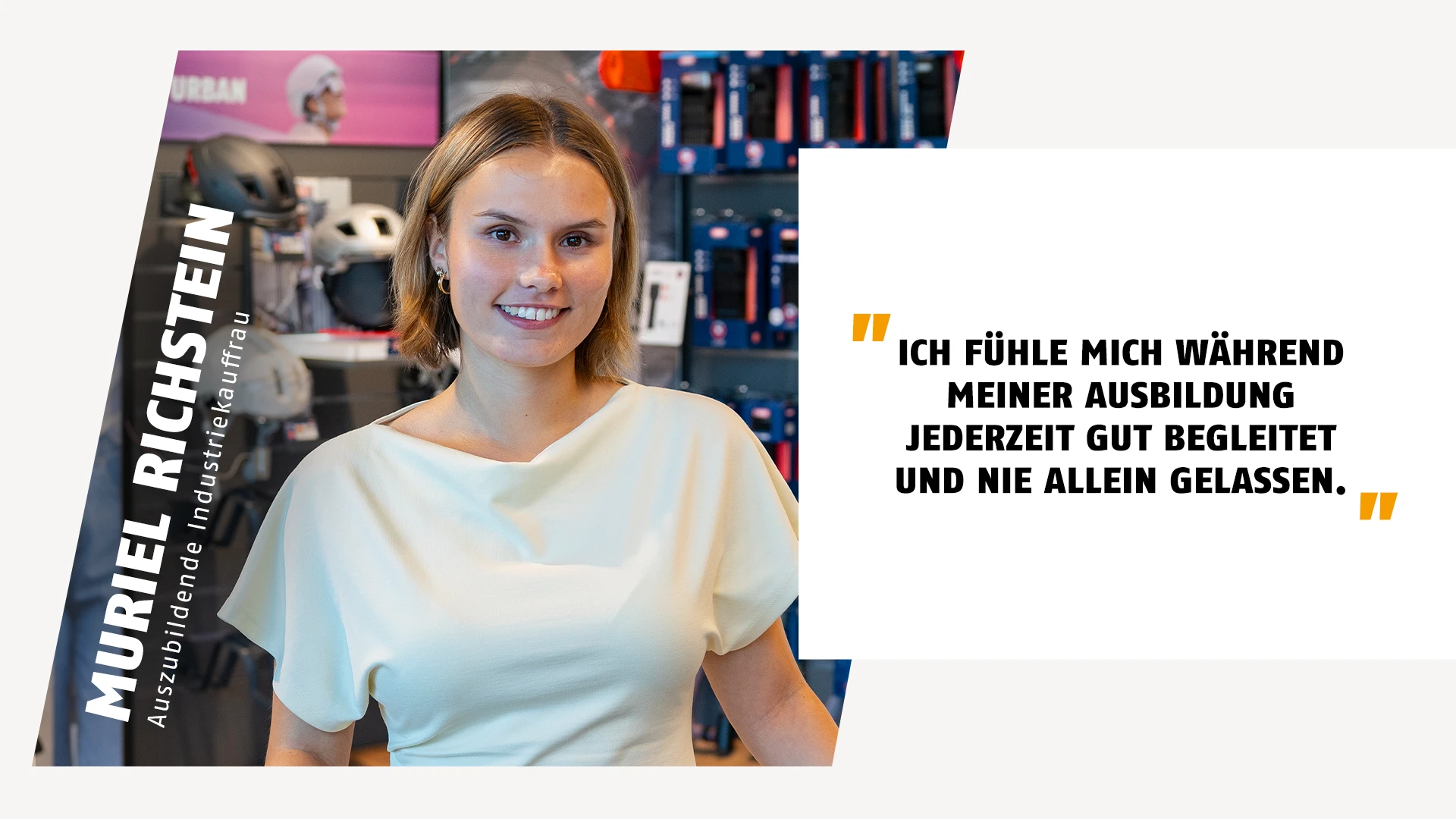 Portrait einer Auszubildenen zur Industriekauffrau mit Zitat über die gute Betreuung in ihrer Ausbildung © ABUS