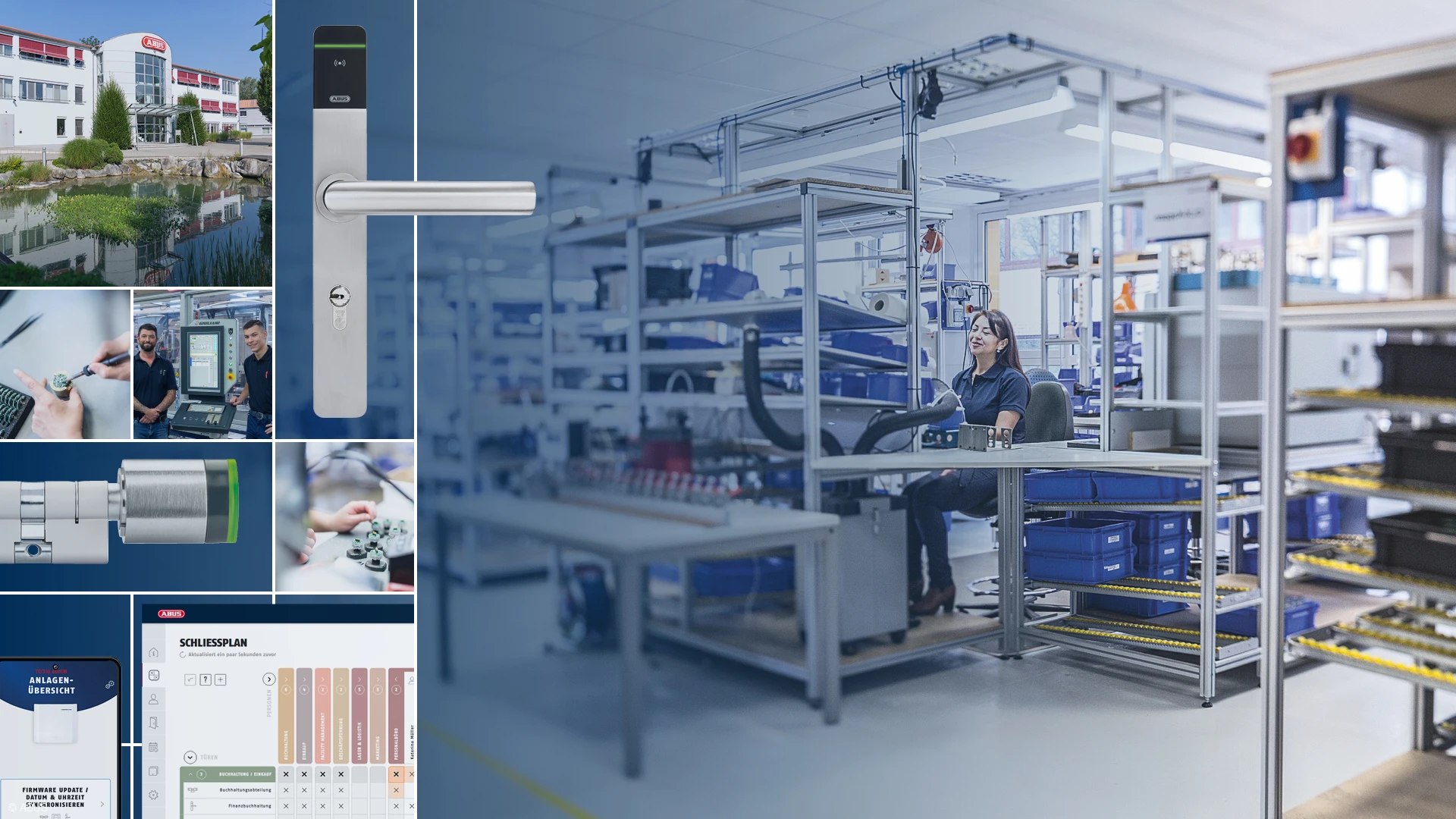 Bildcollage aus ABUS Produkten im linken Bildteil, im rechten ein Arbeitsplatz in der Produktion bei ABUS. © ABUS Bildcollage aus ABUS Produkten im linken Bildteil, im rechten ein Arbeitsplatz in der Produktion bei ABUS. © ABUS