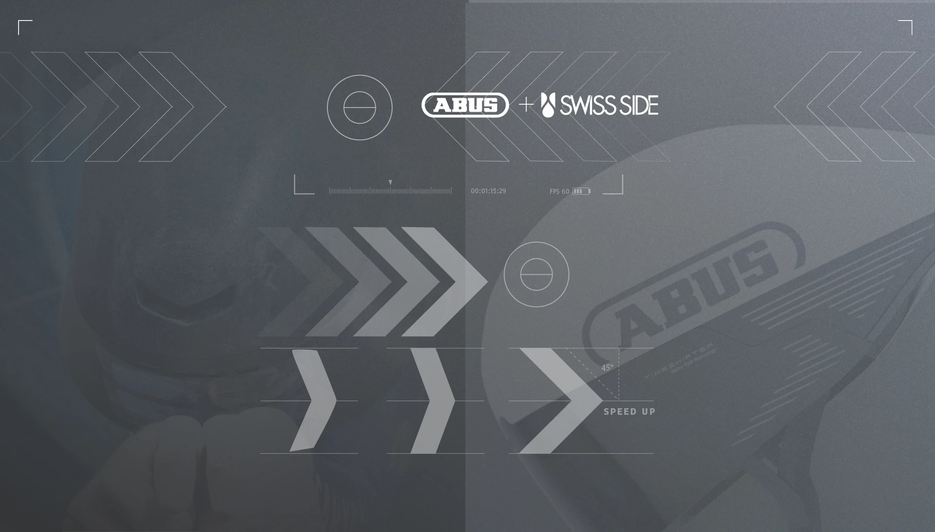 ABUS und SwissSide Logos auf einem Hintergrund mit einem TimeShifter TT Helm in einem Windkanal-Setup © ABUS