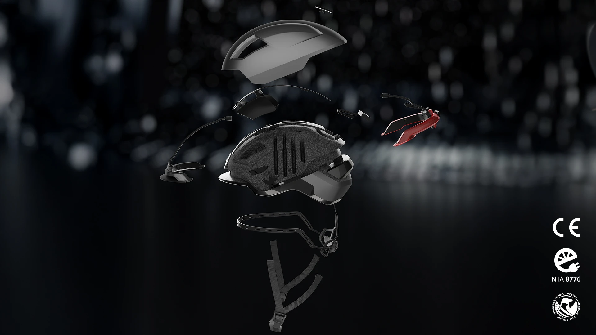 Exploded view of the HYP-E urban helmet with NTA certification logos © ABUS