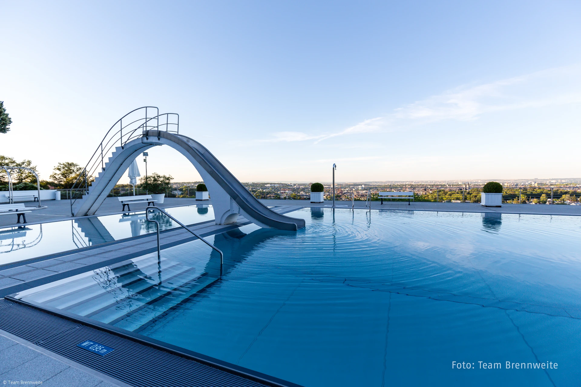 The large pool with slide and magnificent view of Wiesbaden