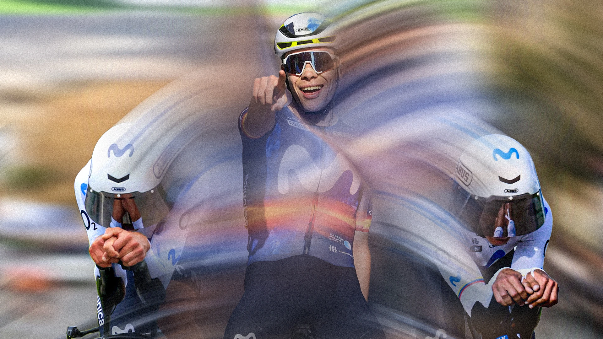 Professional road cyclist from the Movistar Team during a race, with a blurred background © ABUS