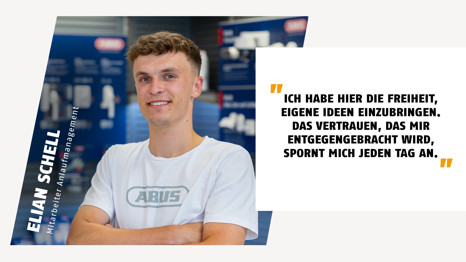 Portrait eines Mitarbeiters aus dem Anlaufmanagement mit Zitat über seine kreative Freiheit im Job © ABUS