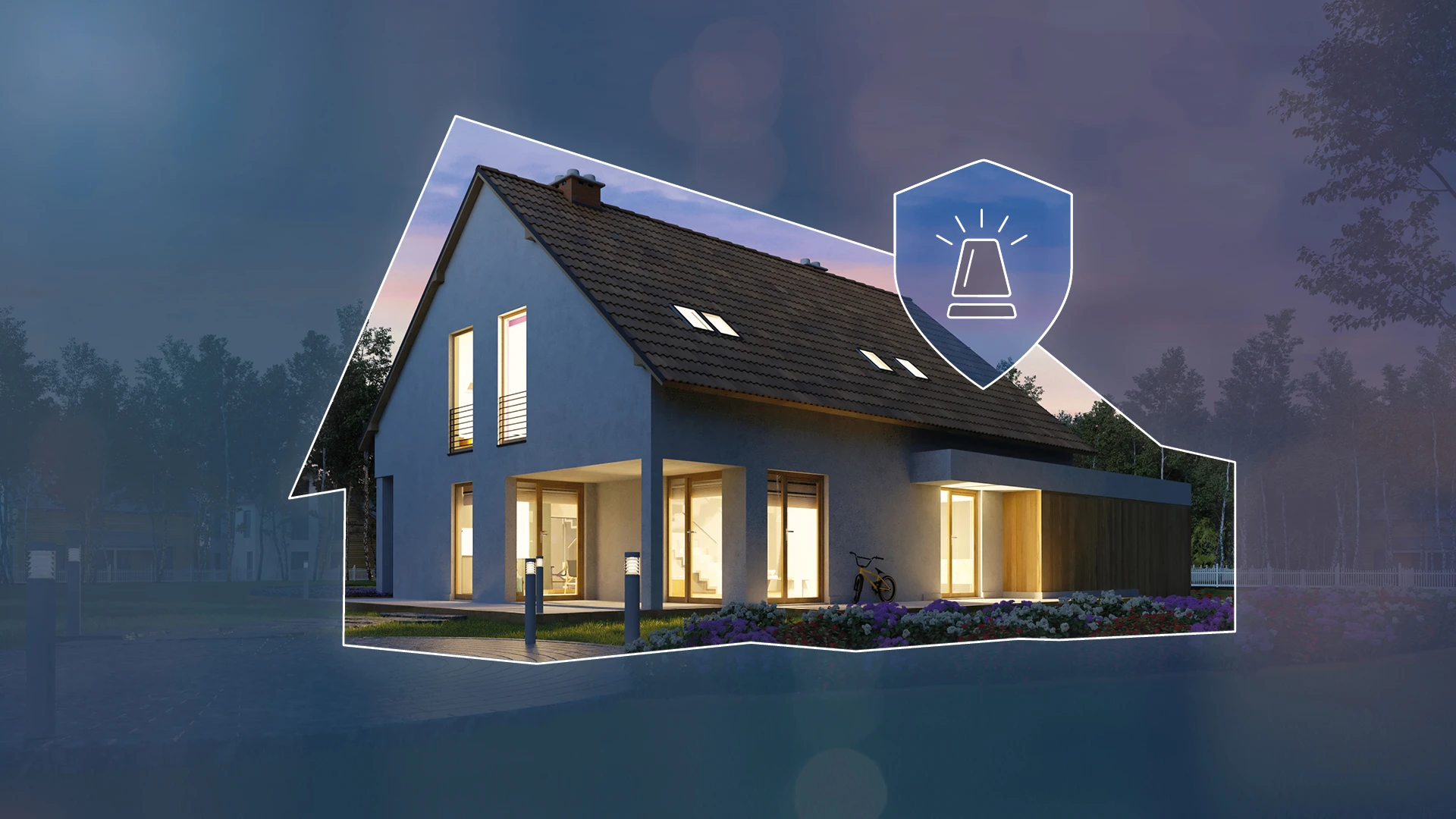 Im Mittelpunkt ein beleuchtetes Haus im Dunkeln das Symbol für Alarmanlagen wappenförmig am rechten Rand des Hauses darübergelegt. Das Bild des Hauses ist scharf, die Umgebung aber nur verschwommen sichtbar. Die Hausumrisse sind mit einer weißen Linie vom Hintergrund abgetrennt.