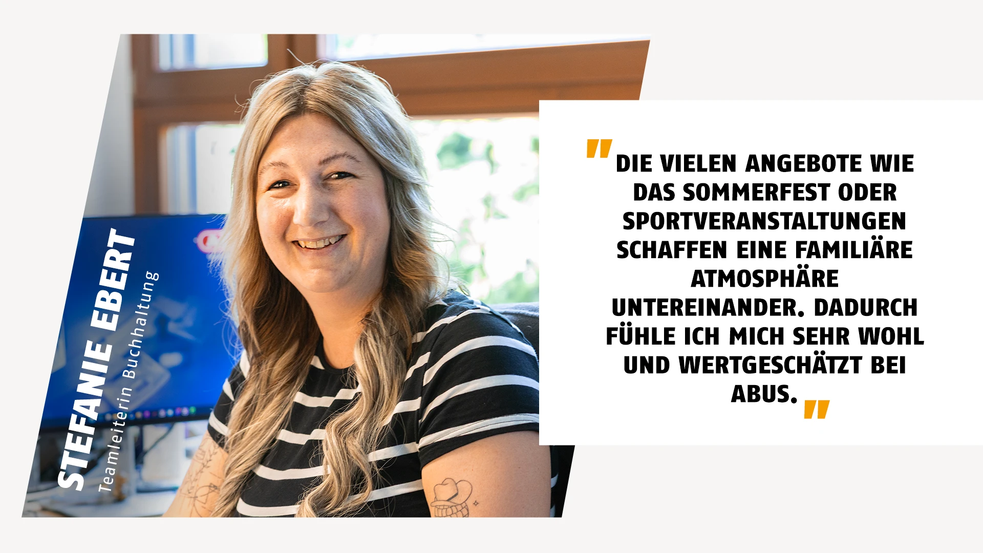 Portrait einer Teamleiterin aus der Buchhaltung mit Zitat über die Firmenevents © ABUS