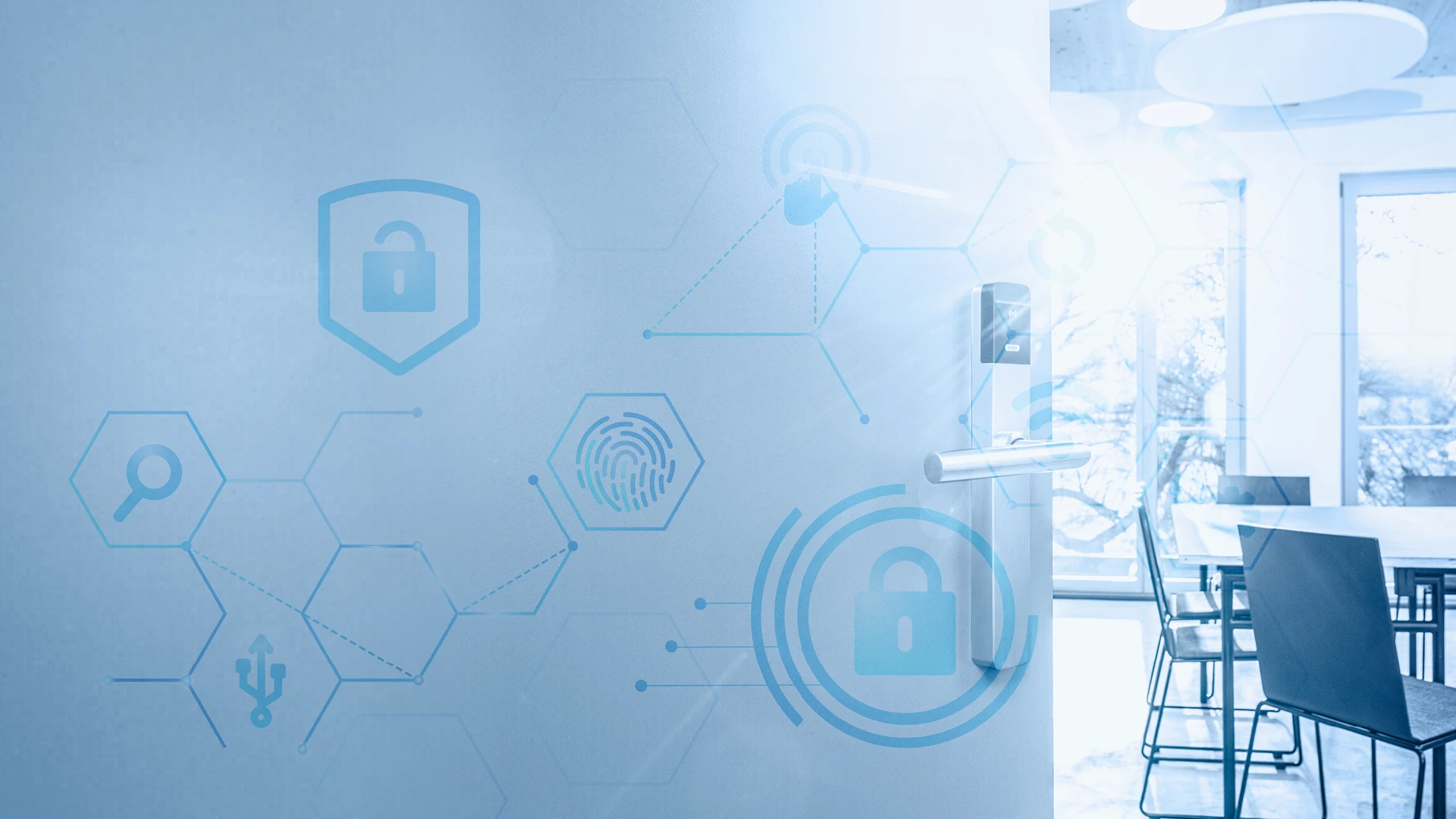 Bild in Blautönen mit verschiedenen wabenförmigen Symbolen für Sicherheitsgewerke.