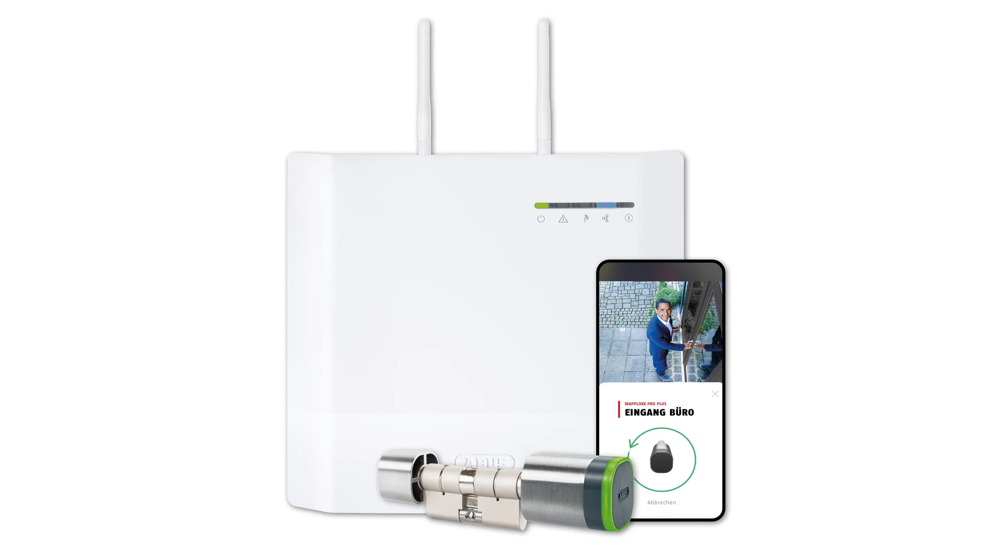 Produktbild wAppLoxx Pro Plus Control sowie ein Zylinder und ein Smartphone mit Live-Bild der Kamera im Display.