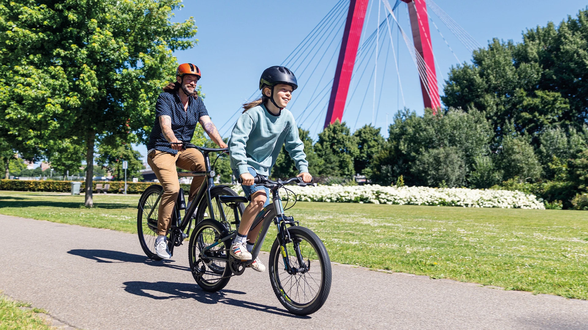 Erwachsener und Kind mit ABUS Fahrradhelmen fahren bei Sonnenschein auf einem Radweg im Park; rote Hängebrücke im Hintergrund © ABUS