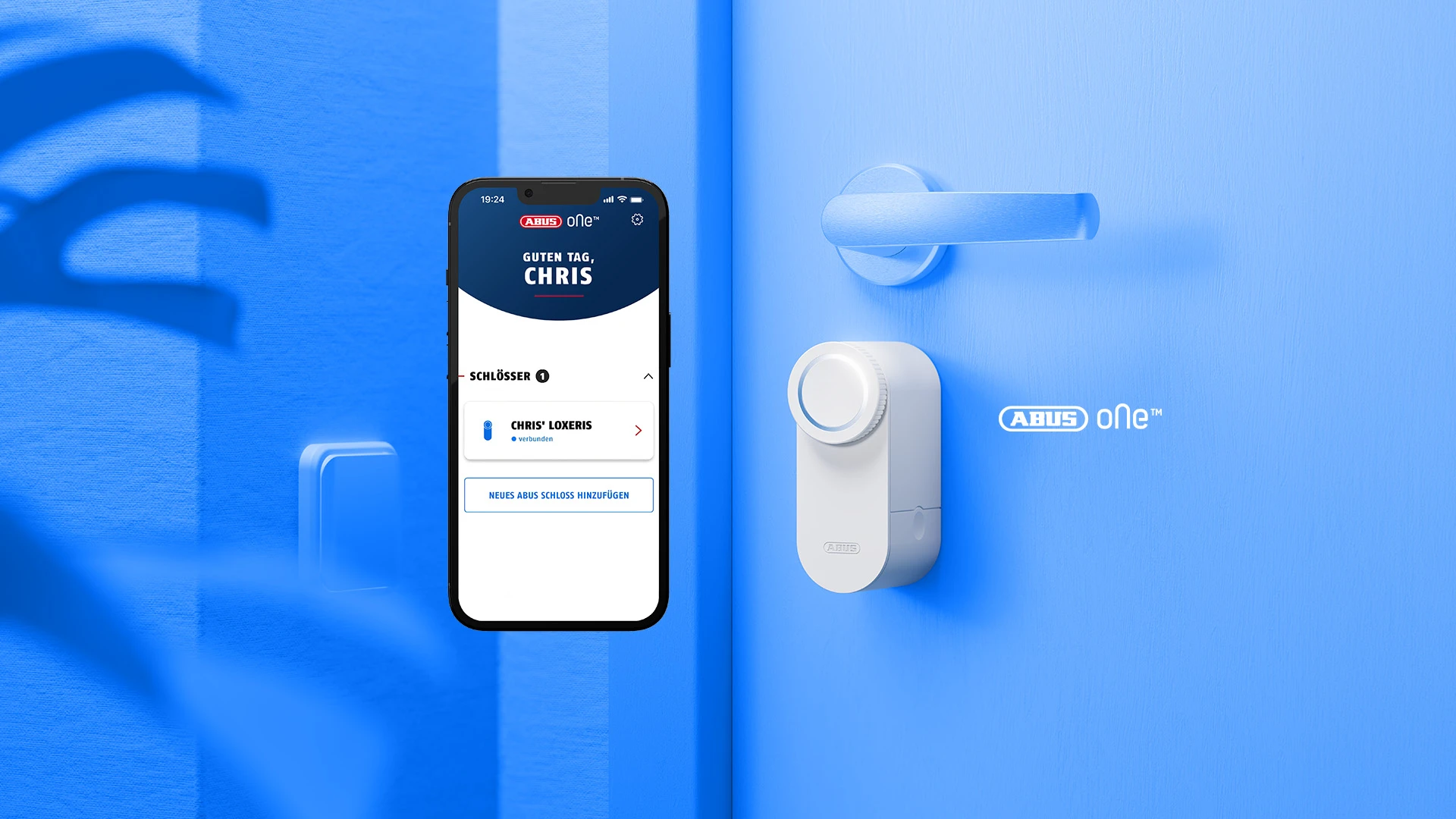 Inteligentny napęd zamka drzwiowego LOXERIS One w kolorze białym z aplikacją ABUS One © ABUS