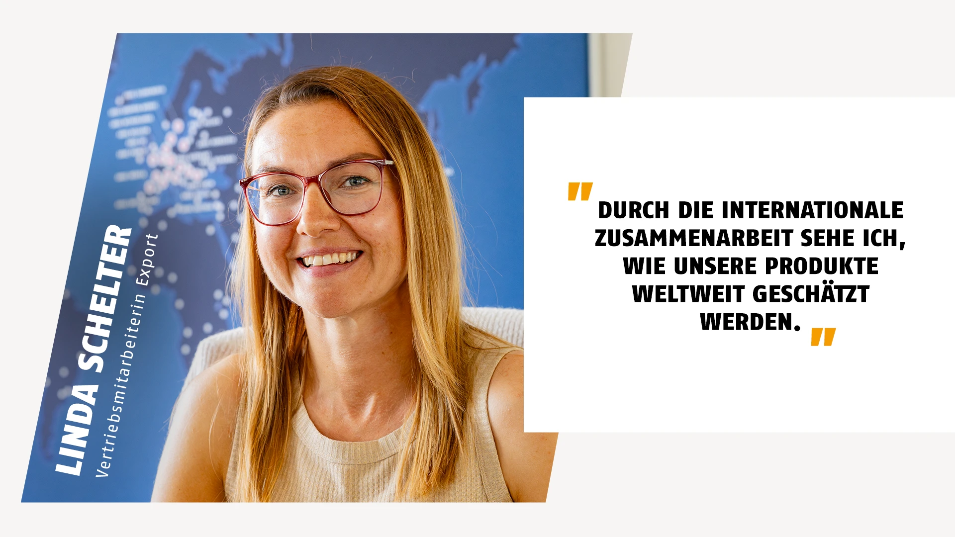 Portrait einer Mitarbeiterin aus dem Vertrieb mit Zitat über die internationale Zusammenarbeit im Job © ABUS