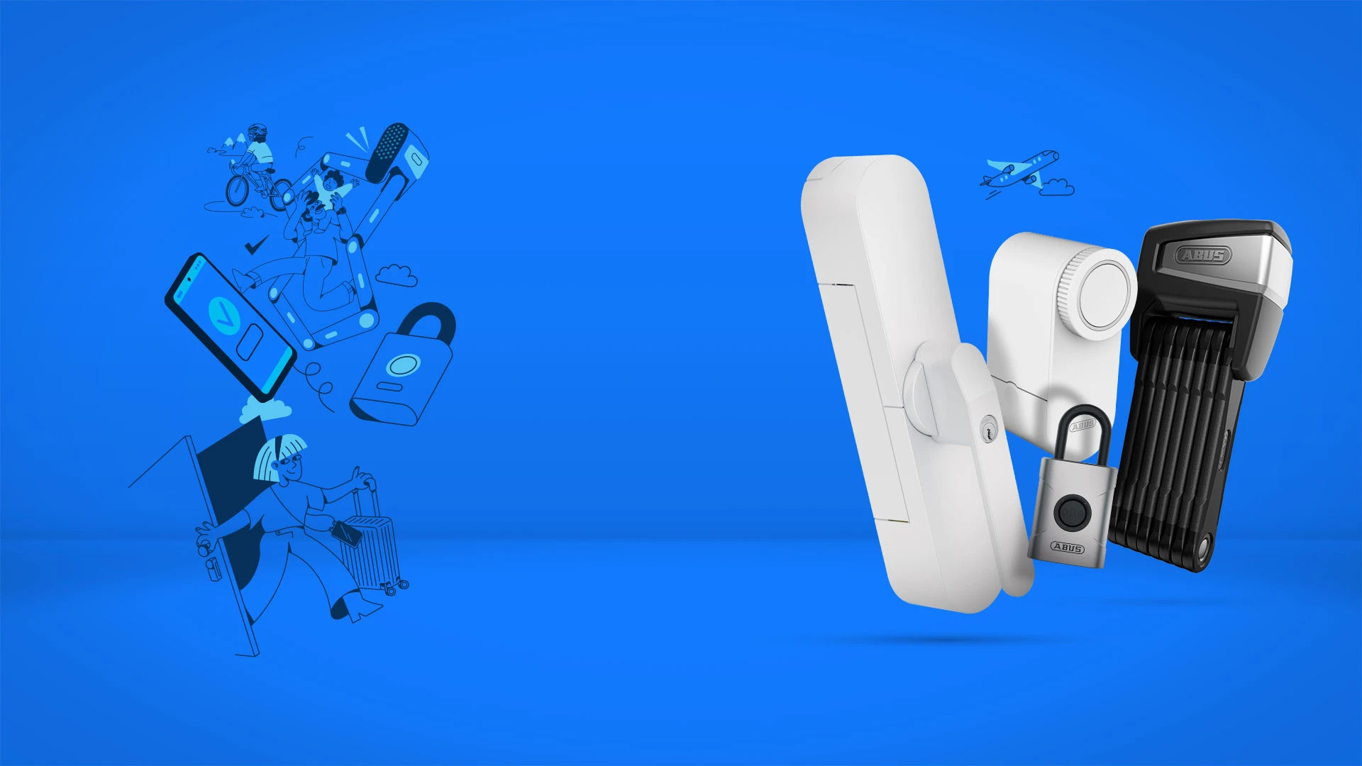 Illustrationen und Produkte (WINTECTO, LOXERIS, EVEROX, BORDO One) vor blauem Hintergrund © ABUS