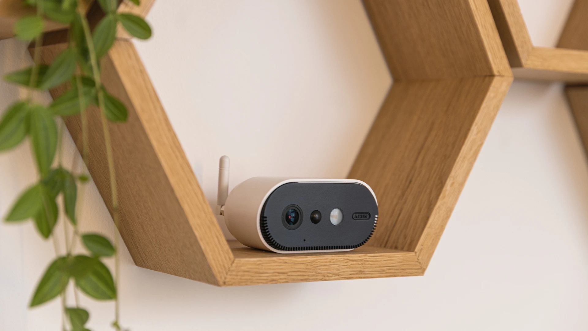 Die ABUS Akku Kamera Pro in einem Holzregal: flexibel platzierbar, da kein Stromanschluss nötig.