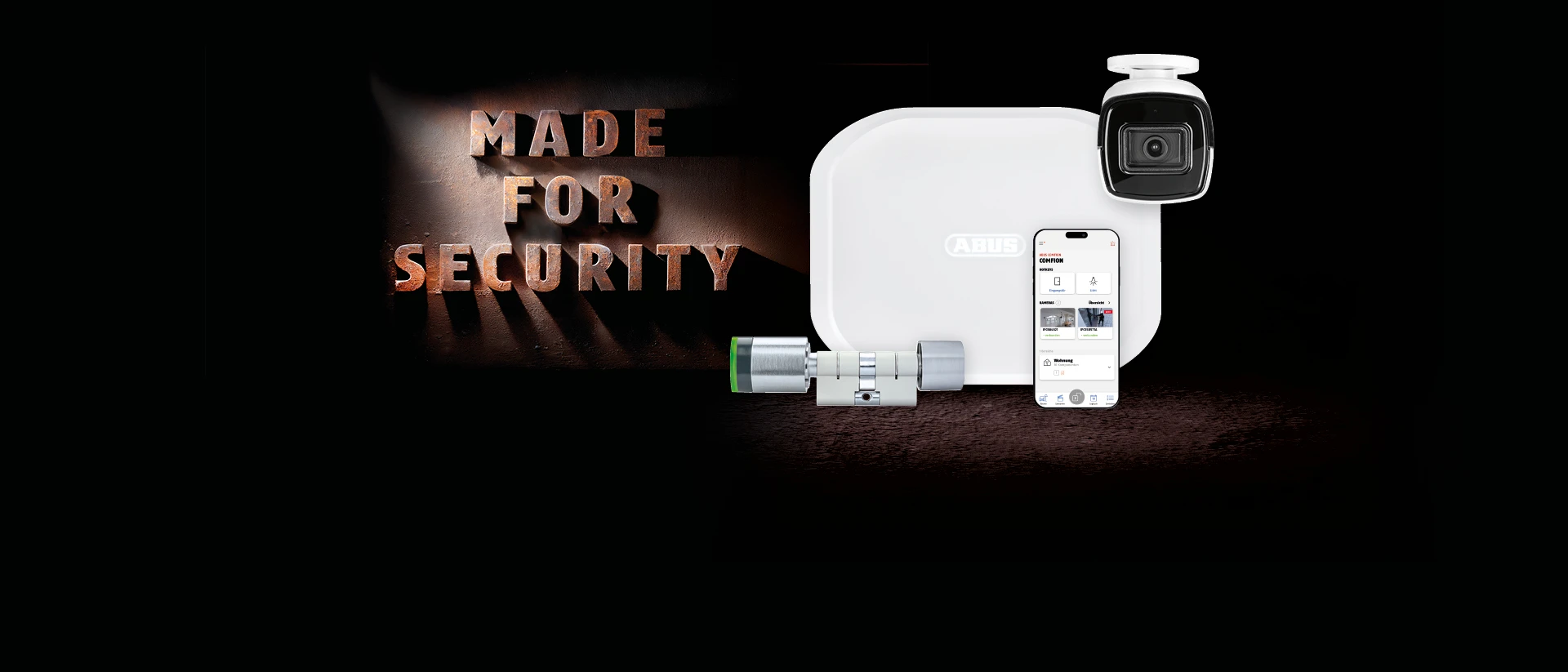 Schriftzug Made for Security, mit Produktbildern der Comfion Pro Zentrale, einer ABUS Kamera, eines Zylinders und der App-Ansicht in einem Smartphone.