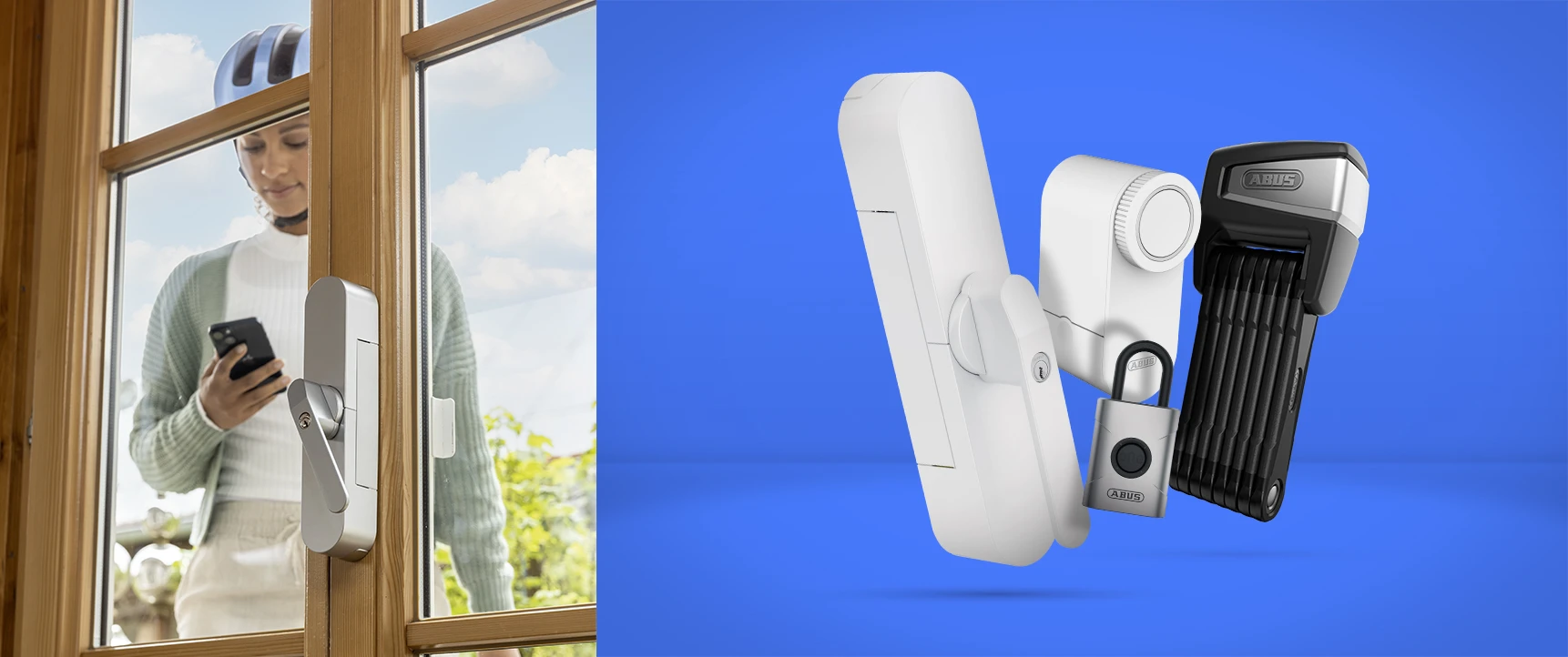 Parte sinistra dell'immagine: Donna in piedi davanti a una portafinestra che la apre utilizzando l'app, parte destra dell'immagine: sfondo blu con i prodotti ABUS One © ABUS