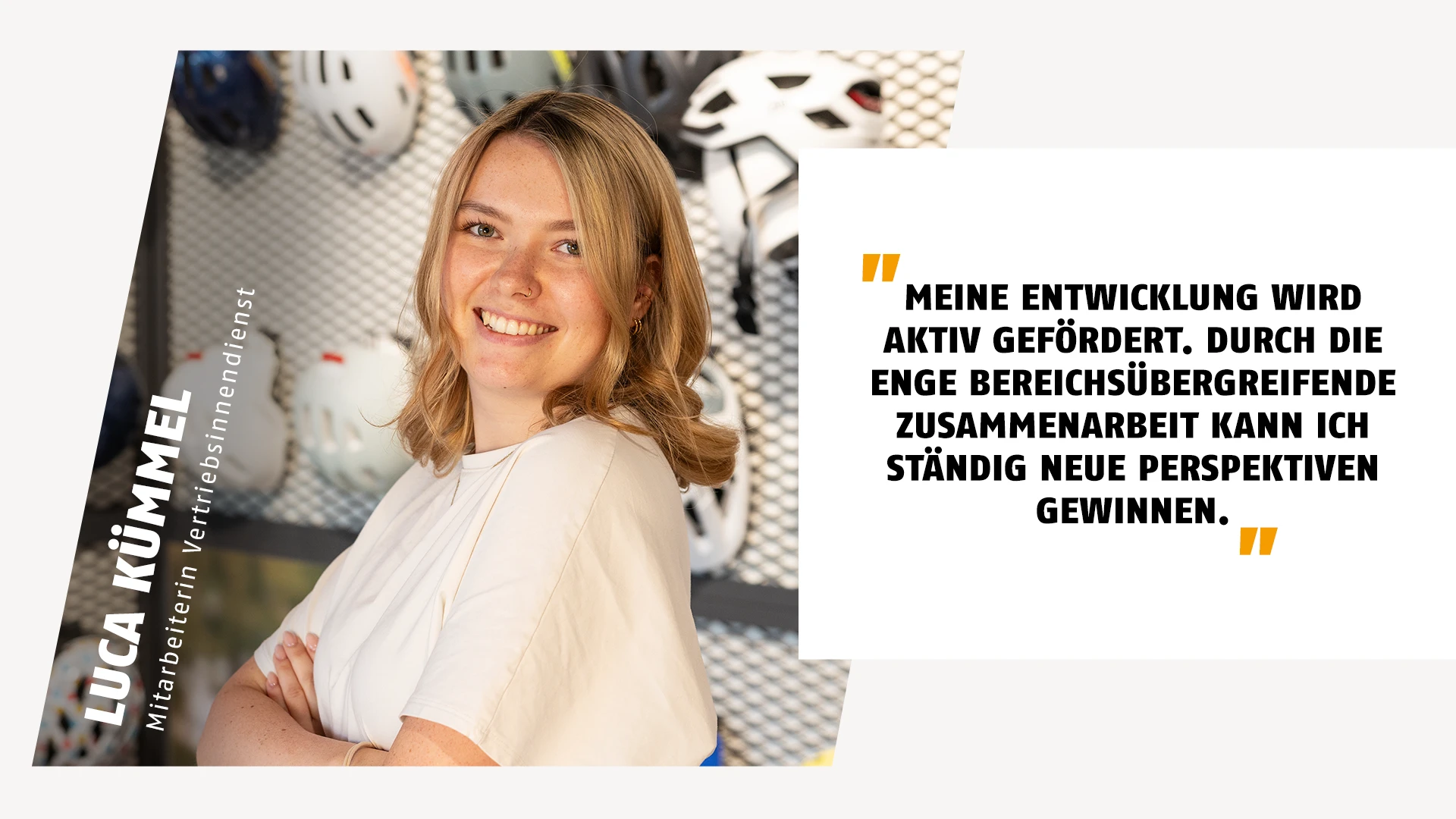 Portrait einer Mitarbeitern aus dem Vertriebsinnendienst mit Zitat über ihre Entwicklung im Unternehmen © ABUS