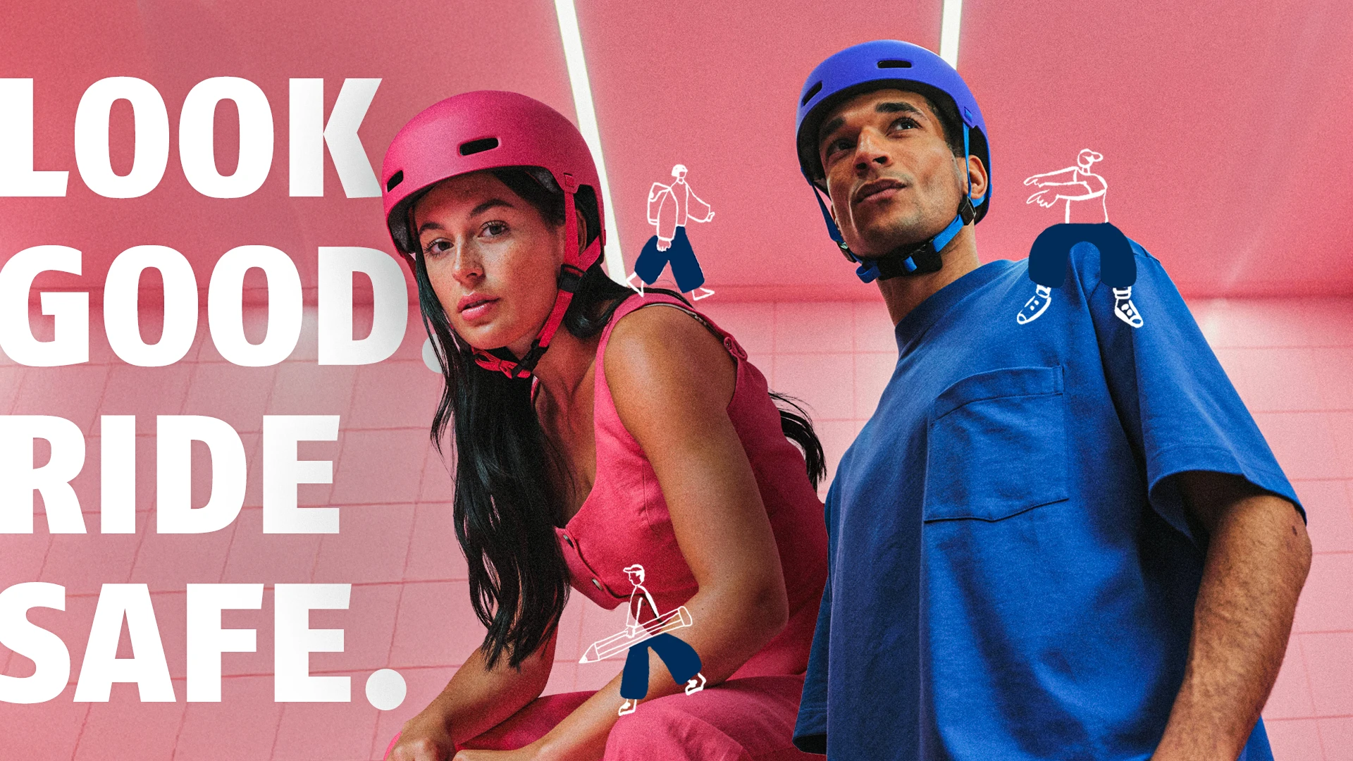 Twee personen dragen de fietshelm XOXO in de kleuren Mono Red en Mono Blue. Links staat de slogan "LOOK GOOD. RIDE SAFE." © ABUS Twee personen dragen de fietshelm XOXO in de kleuren Mono Red en Mono Blue. Links staat de slogan "LOOK GOOD. RIDE SAFE." © ABUS