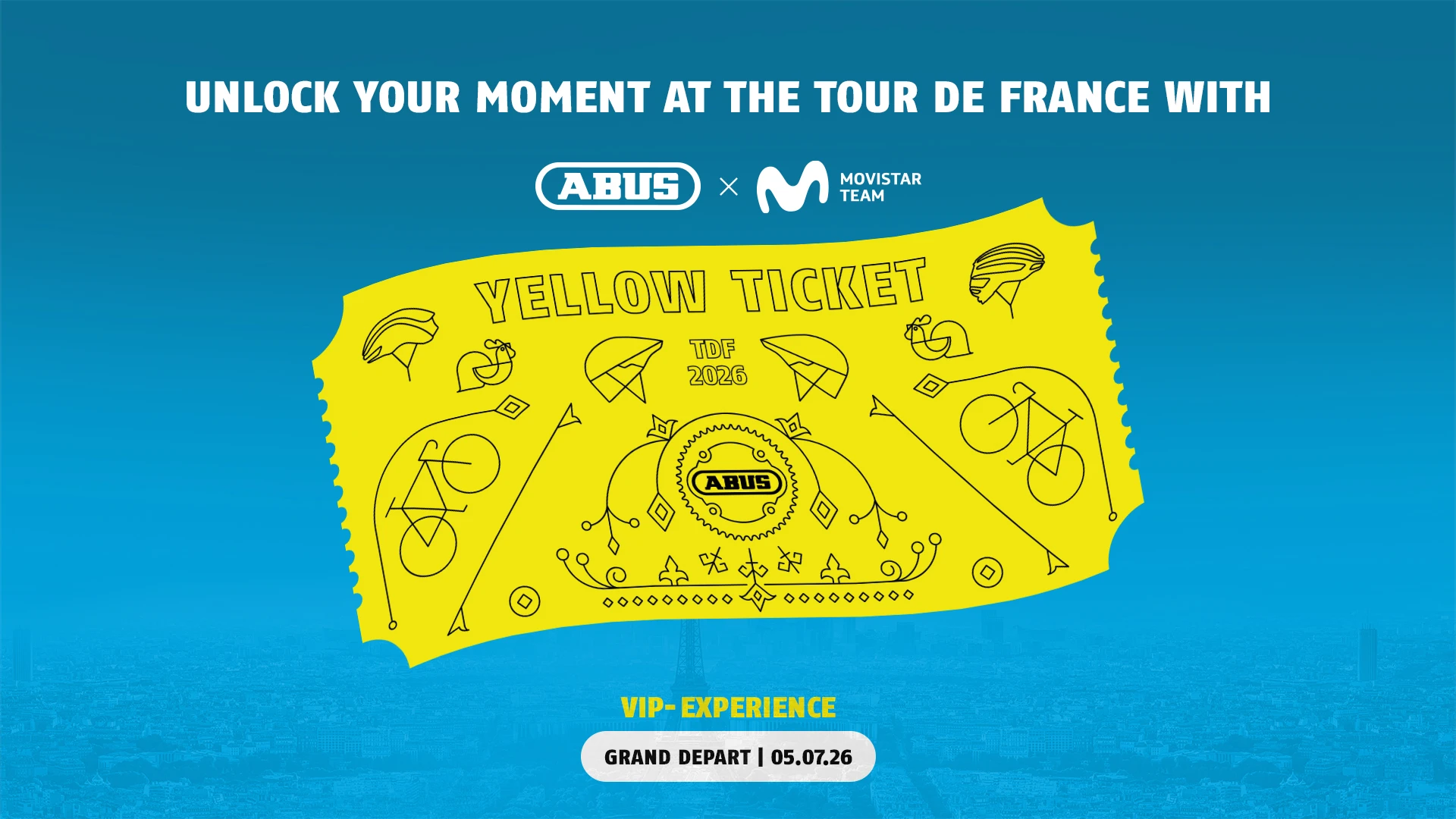 Yellow VIP ticket for the 2026 Tour de France Grand Départ, featuring ABUS and Movistar Team © ABUS
